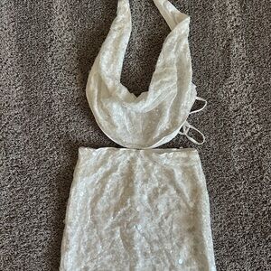White Sequin Halter Top and Skirt Set